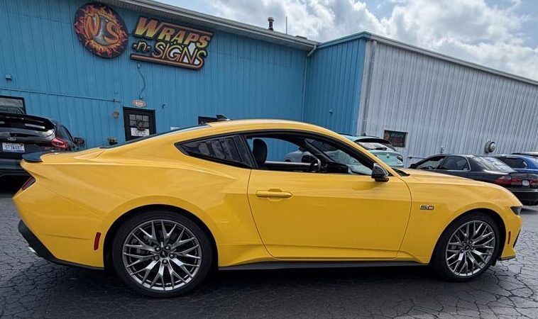 2026 White Mustang 5.0 color changed to Yellow with custom racer stripes
